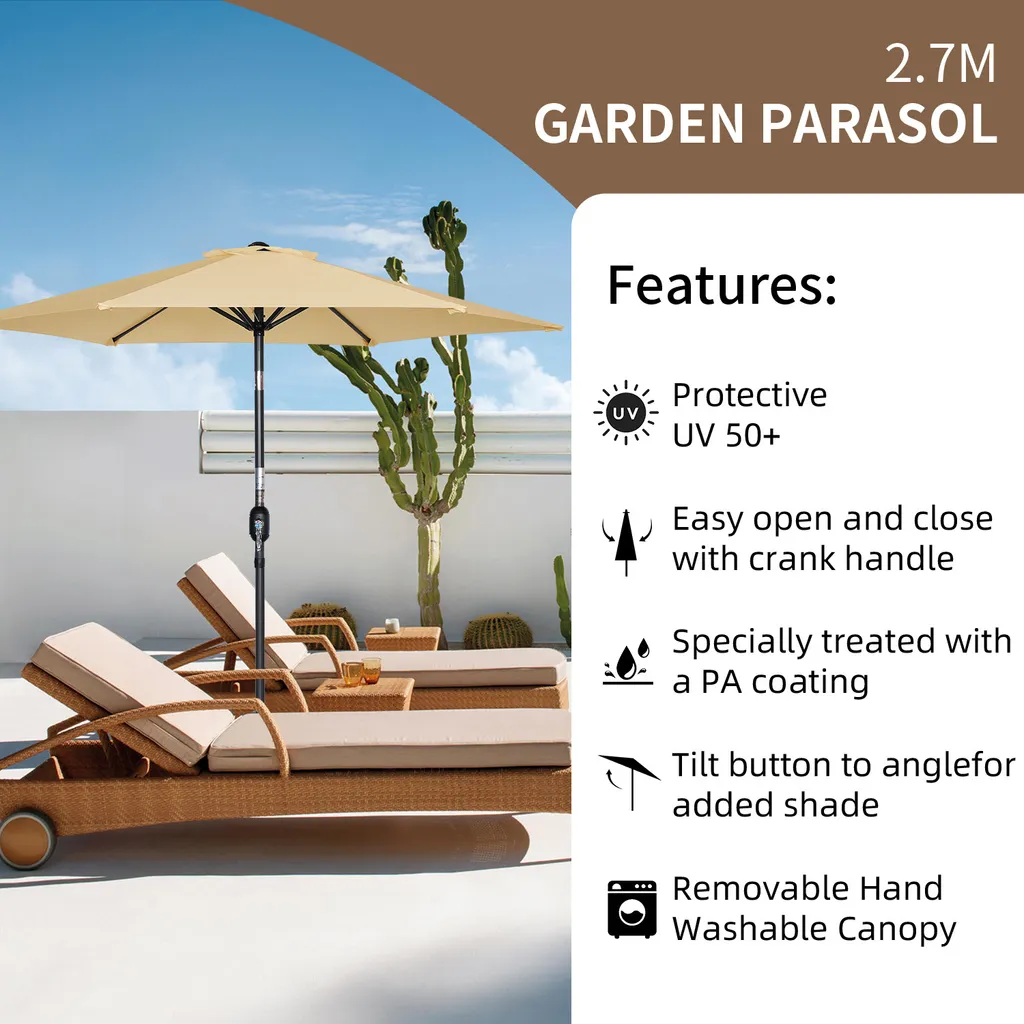Parasol Orientable 270cm en Acier Inox et Toile Polyester Beige Durable