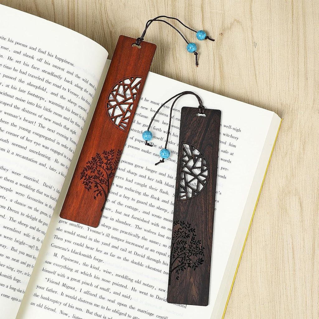 Vintage handgefertigtes Holz-Lesezeichen - 2 Stück - mit türkisfarbenem Porzellananhänger