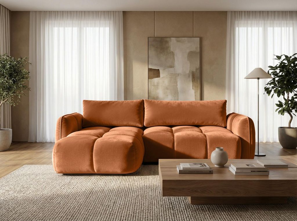 Sofiland BELVEO Ecksofa L-Form links mit Schlaffunktion & Bettkasten Kupfer