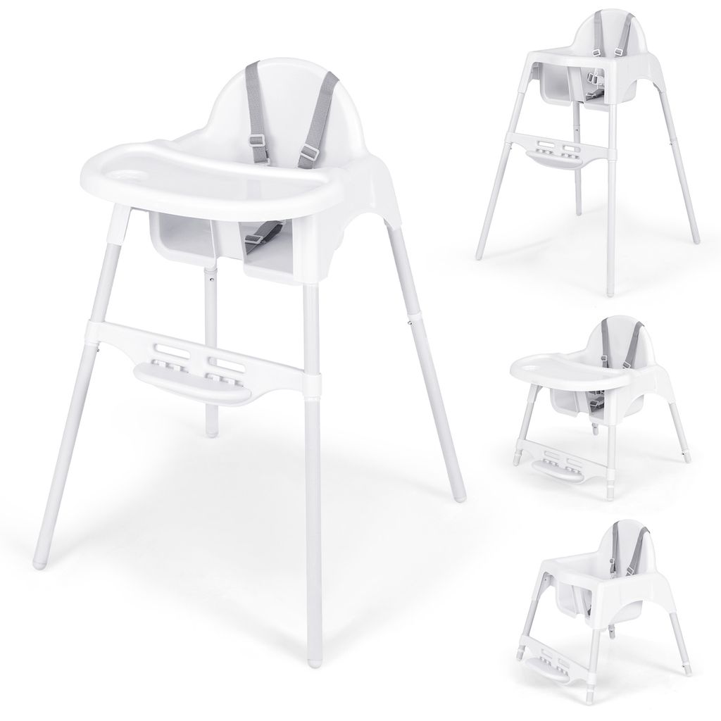 COSTWAY Hochstuhl 4-in-1 umwandelbarer Kinder-Essstuhl/Bodenstuhl mit Sicherheitsgurt, verstellbarem abnehmbaren Tablett und Fußstütze Weiß