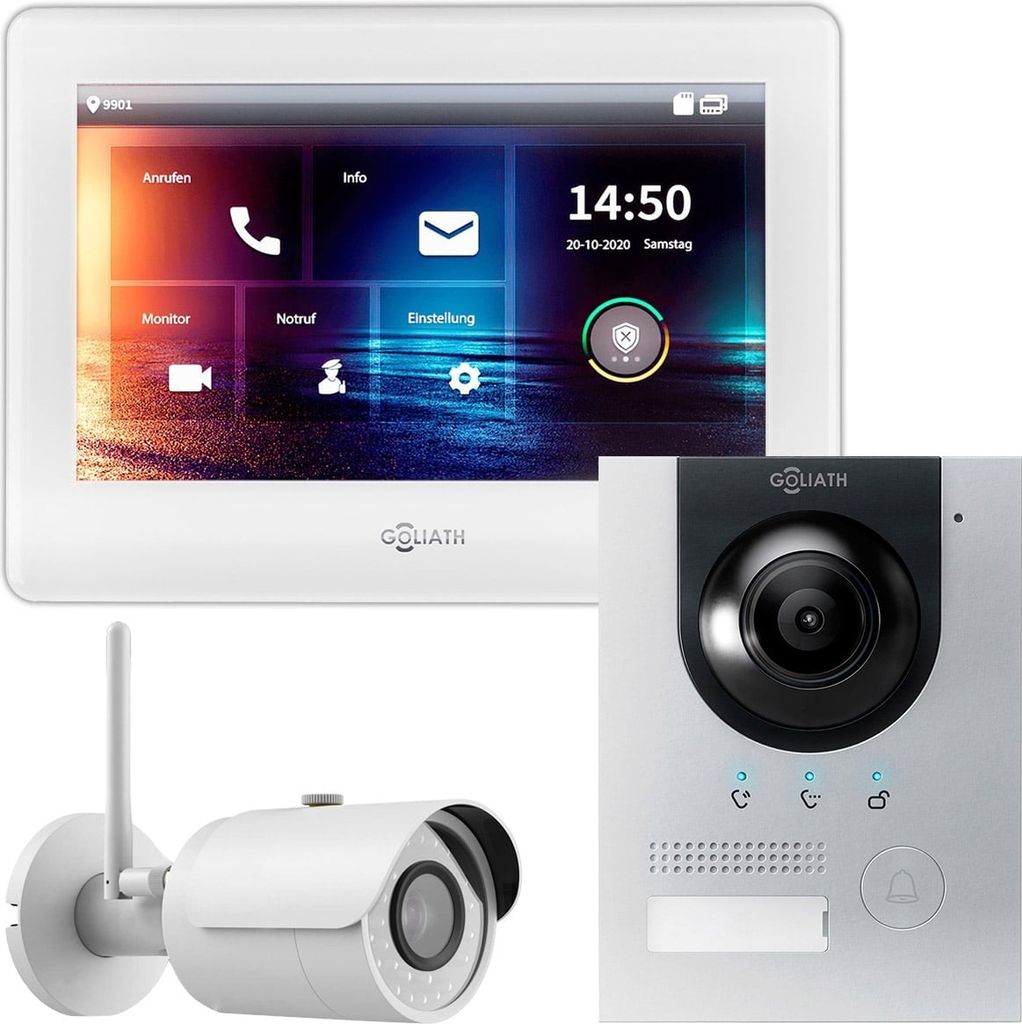 GOLIATH IP Unterputz Video Türsprechanlage Set + Kamera für 1 Familienhaus (Silber 180° Türstation, 7" Touchscreen Monitor Weiß, IP WLAN Auße...