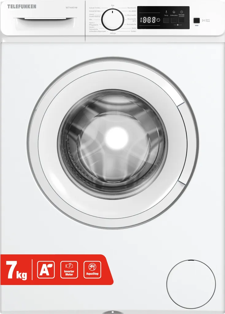 Telefunken Waschmaschine 7kg | Frontlader 1400 U/Min. | Inverter Motor | AquaStop | Schontrommel | W714AS1W weiß