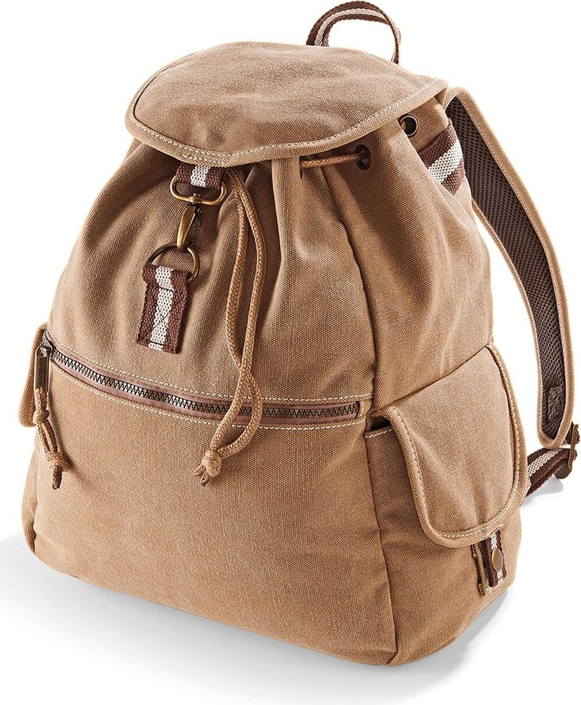 A studio shot of a brown canvas backpack.