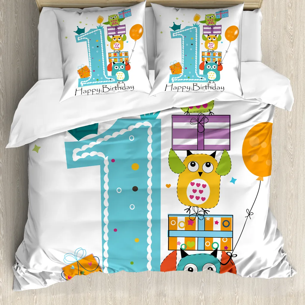 ABAKUHAUS 1° compleanno Copripiumino, Prima candela Torta Gufi, Antiacaro Adatto a chi soffre di allergie con federe, 200 cm x 200 cm - 80 x 80 cm, Blu cielo Arancione