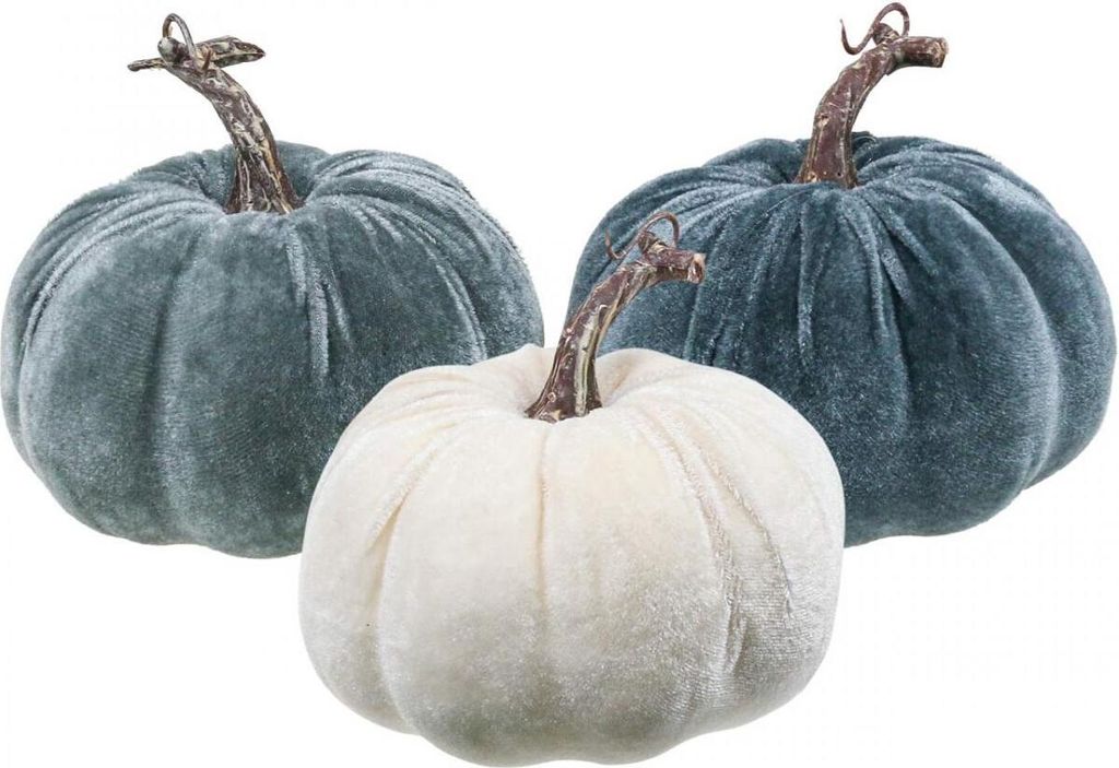 Kürbis Deko-Set Herbst, 3er-Set in Beige und Grau, beflockte Oberfläche, H11cm Ø12cm, 3 Stück