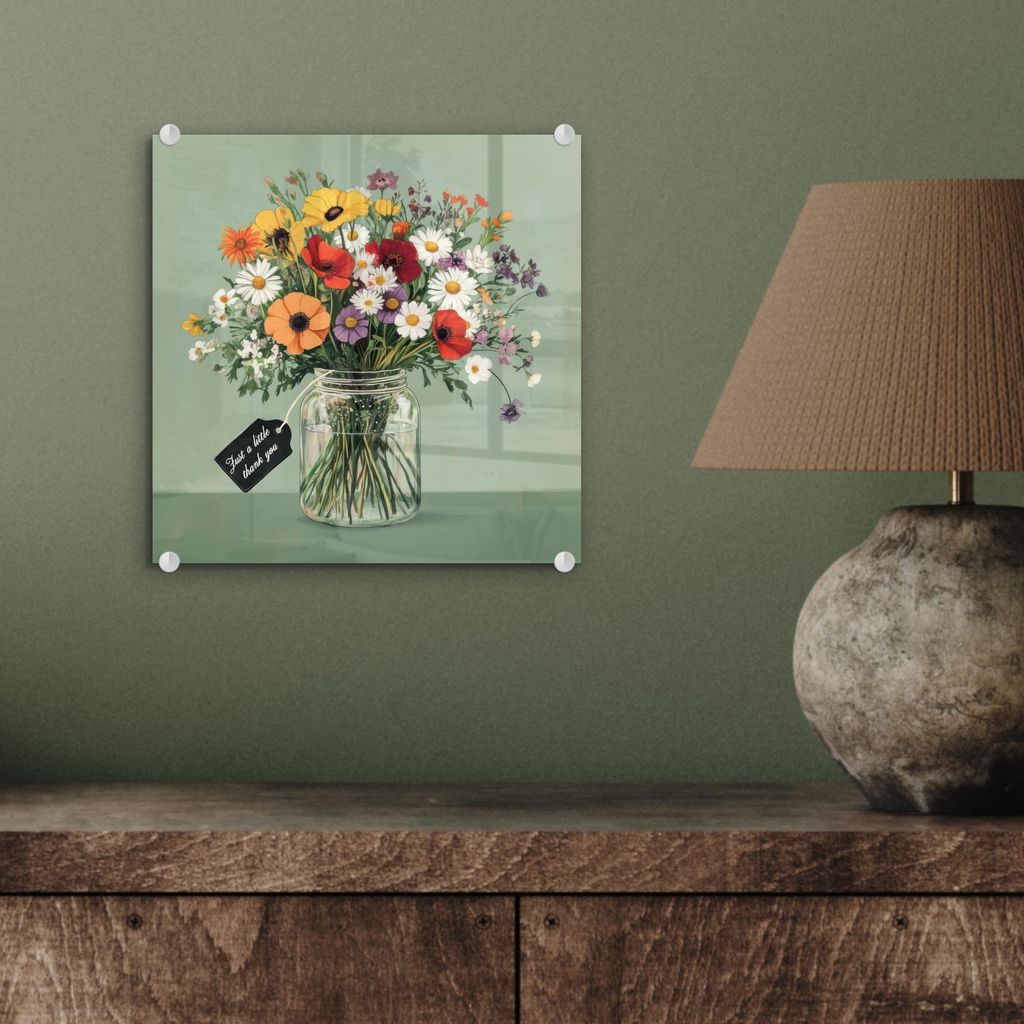 MuchoWow Glasbilder - Bilder auf Wandbild - Foto auf Glas Blumen - Vase - Karte 40x40 cm Wanddekoration aus Glas - Acrylglasbild - Acrylbilder