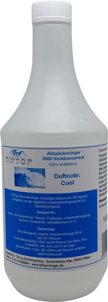TIPTOP Allzweckreiniger 2000 Konzentrat 1 Liter mit Dosierkopf - Duftnoten zur Auswahl – Cool