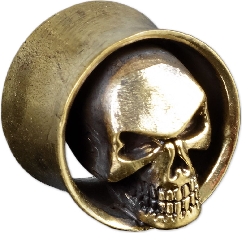 viva-adorno 1 Stück 14mm Flesh Tunnel Plug Messing Vintage Look Totenkopf gold silber Skull Schädel Größe 6 - 16mm Z468.D1