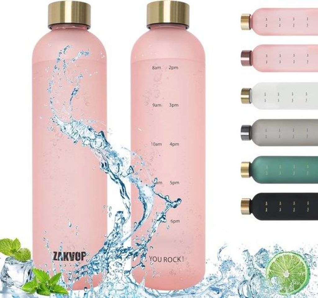 Hydrationsflasche 1L mit Zeitmarkierung - Leckfreie Sportflasche für Hydratation in Rosa