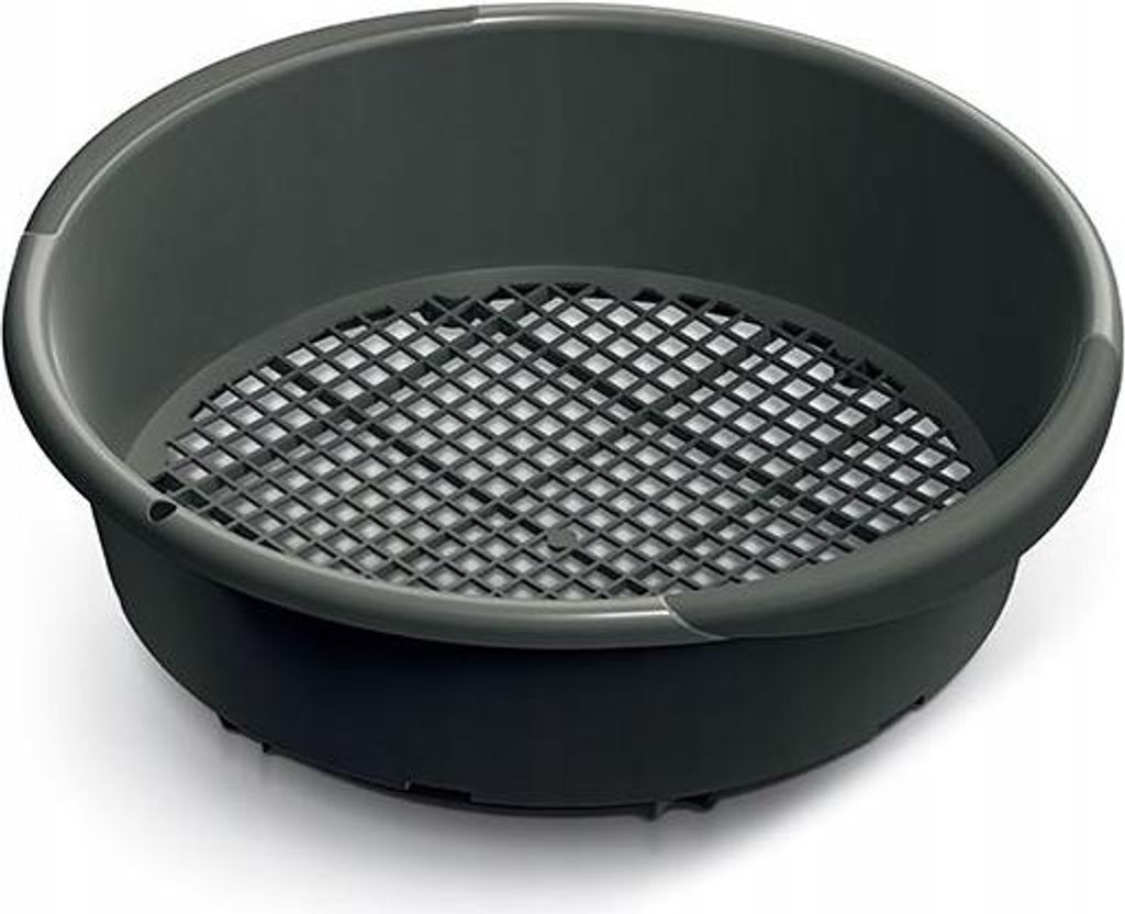 A dark gray sieve with a grid pattern inside, shown from a slightly elevated angle against a white background.