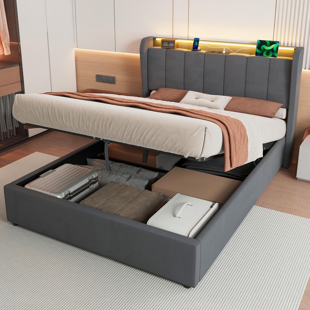 okwish Polsterbett 140×200 mit Steckdose,Nachtlicht und Produktbild 