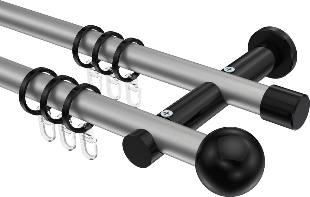 Interdeco Gardinenstange / Vorhangstange Silbergrau / Schwarz, Typ Platon Luino (Kugel), 20 mm Ø 2-läufig, 240 cm