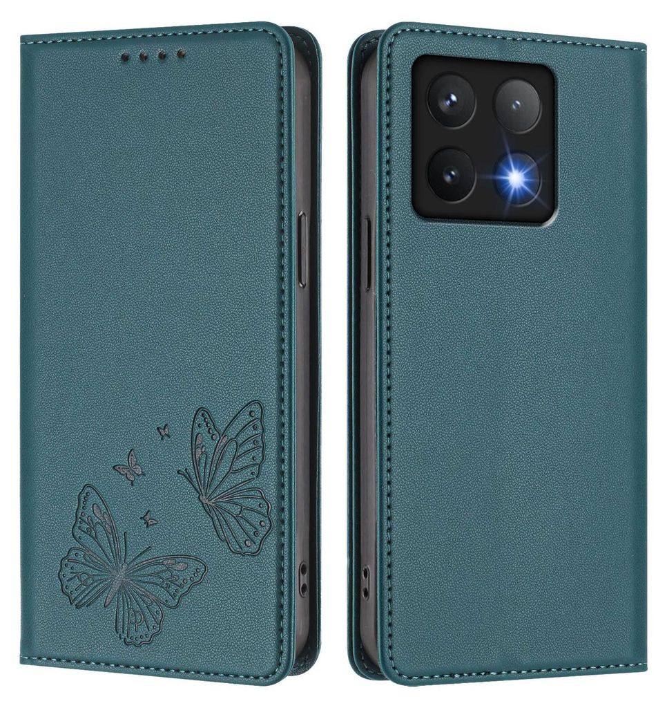 Lederhülle für Xiaomi 14T, Schmetterling Prägung Leder Brieftasche Schutzhülle mit Ständer Grün