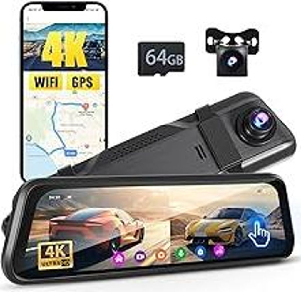 4K Rückspiegel Kamera mit WiFi, Dash Cam Vorne und Hinten mit WDR, 9.66 Touchscreen Rückspiegel Rückfahrkamera, Parking Monitor, Reverse Assist,...