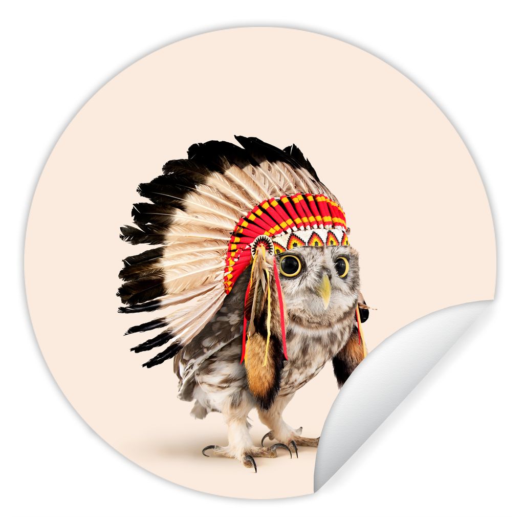 MuchoWow Runde Wandtattoo - Wandsticker Tapete Aufkleber Eule - Indianer - Federn - Tiere Ø 30 cm Selbstklebend und Repositionierbar - Wandaufkl...