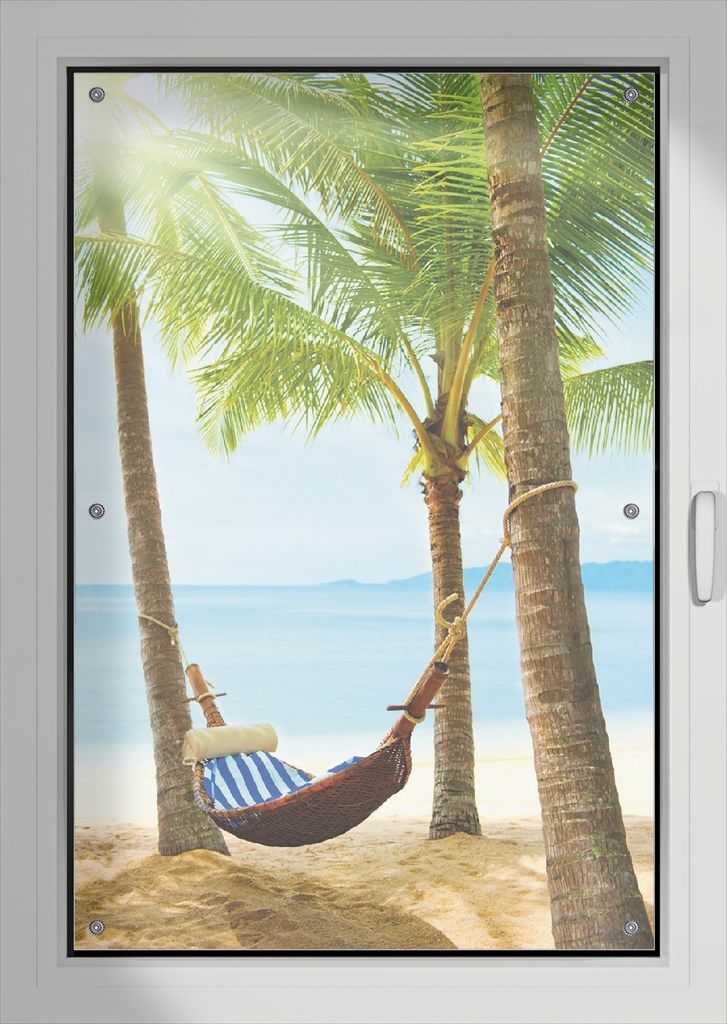 Wallario Lichtschutzbild, Dekorativer Sichtschutz Sonnenschutz 76 x 115 cm mit Motiv: Hängematte in der Karibik - Verdunklung ohne Bohren