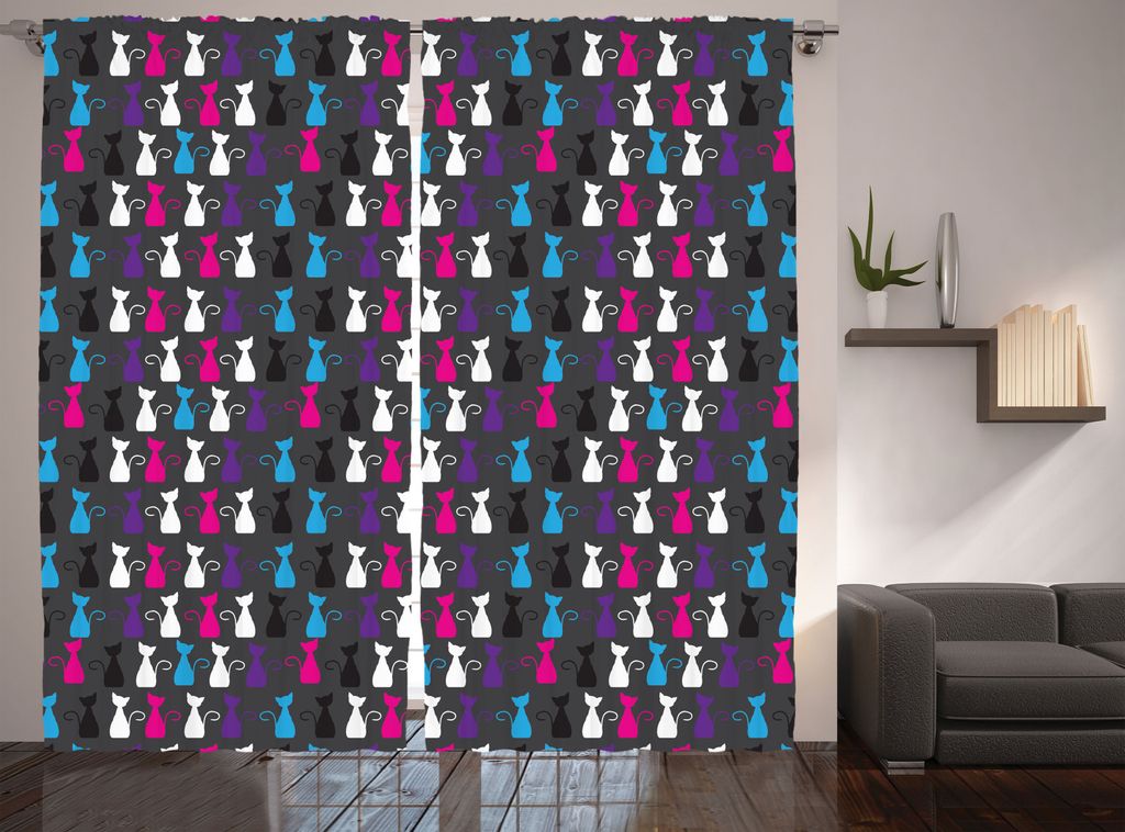 ABAKUHAUS Abstrakt Tiere Kunst Rustikaler Gardine, Fun Katzen, Schlafzimmer Kräuselband Vorhang mit Schlaufen und Haken, 280 x 245 cm, Mehrfarbig