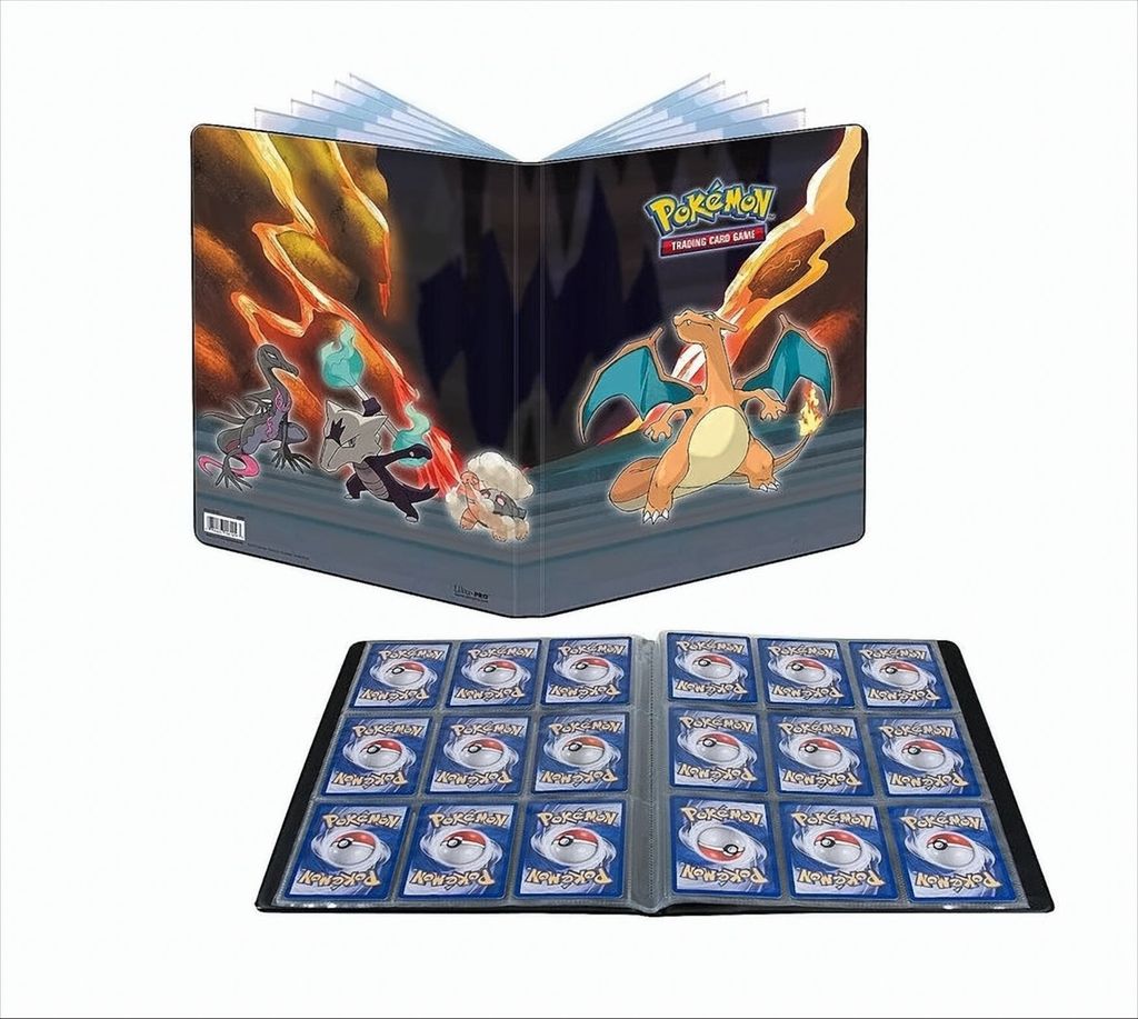 A Pokemon trading card binder and a separate open binder filled with Pokemon cards are shown against a white background.
