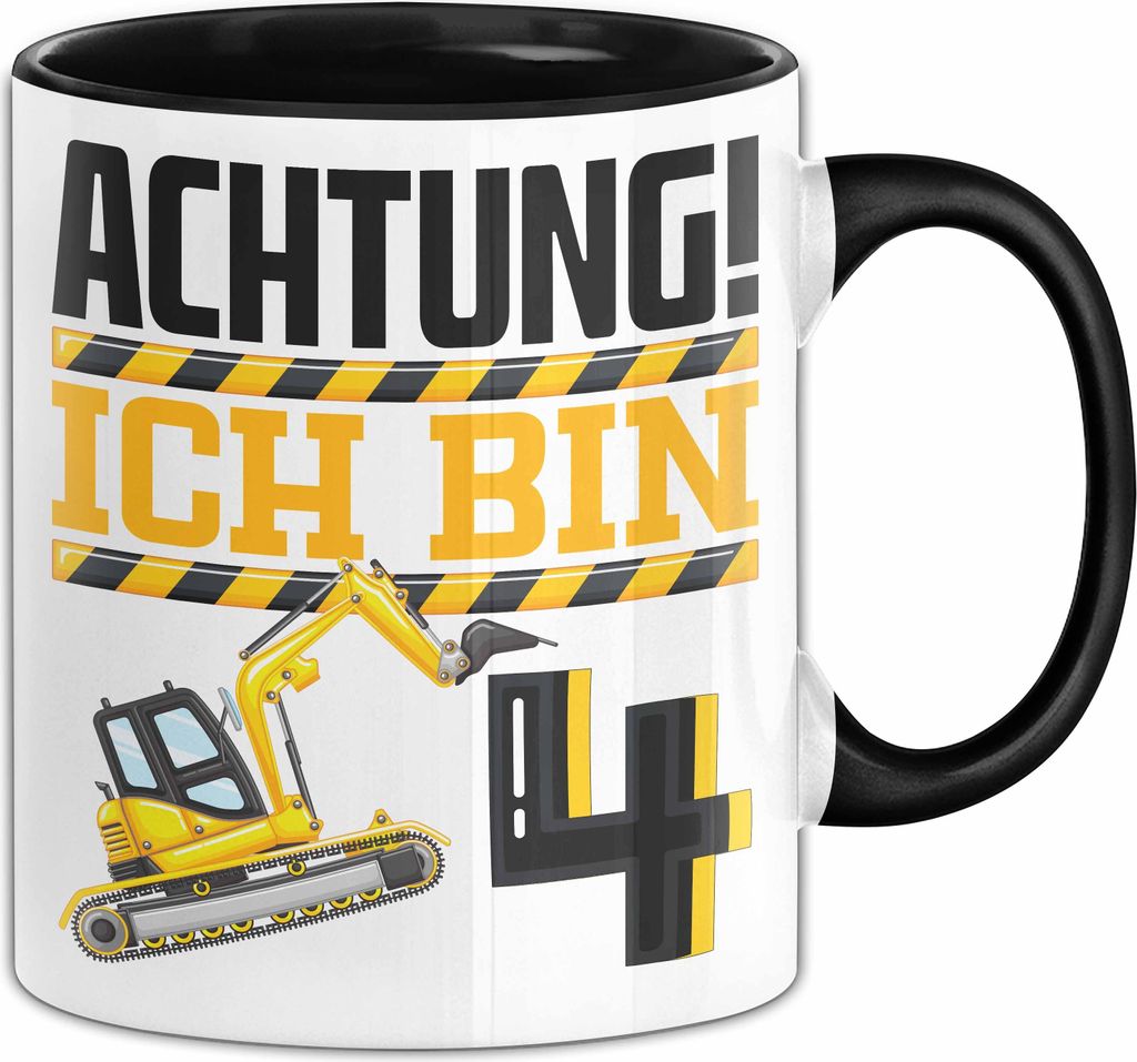 4. Geburtstag Geschenk Tasse Becher Jungs Baustelle Geburtstagsgeschenk Achtung Ich Bin 4 (Schwarz)