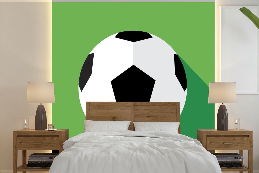 MuchoWow Fototapete für Wohnzimmer oder Schlafzimmer Wandtapete Vinyl Motivtapete Eine Illustration eines Fußballs auf einem grünen Hintergrun...
