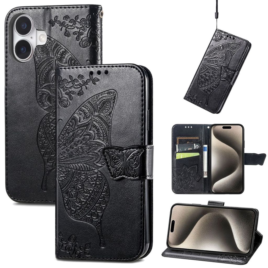 Für Apple iPhone 16 Kunstleder Wallet Handy Tasche Schmetterling Design Hülle Etuis Schwarz