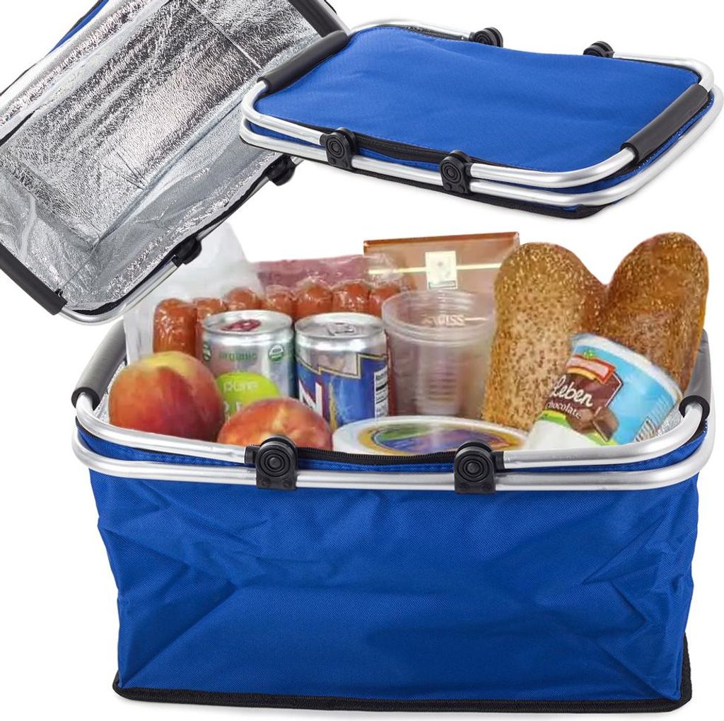 A blue picnic basket filled with food and drinks, with the lid open.