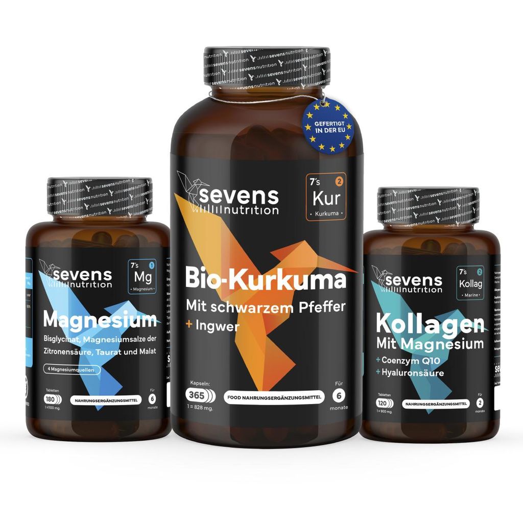 Knochen und Gelenke Pack - Kurkuma 365 Kapseln + Magnesium Komplex 180 Tabletten + Kollagen 120 Tabletten - Sevens Nutrition