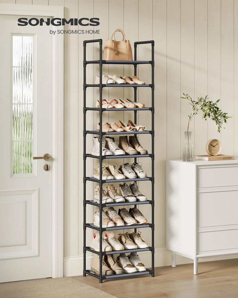 Schuhregal - Schuhablage 10 Ebenen - Schmal 28x45x173 cm - Metallgestell - Vliesstoffböden - Grau