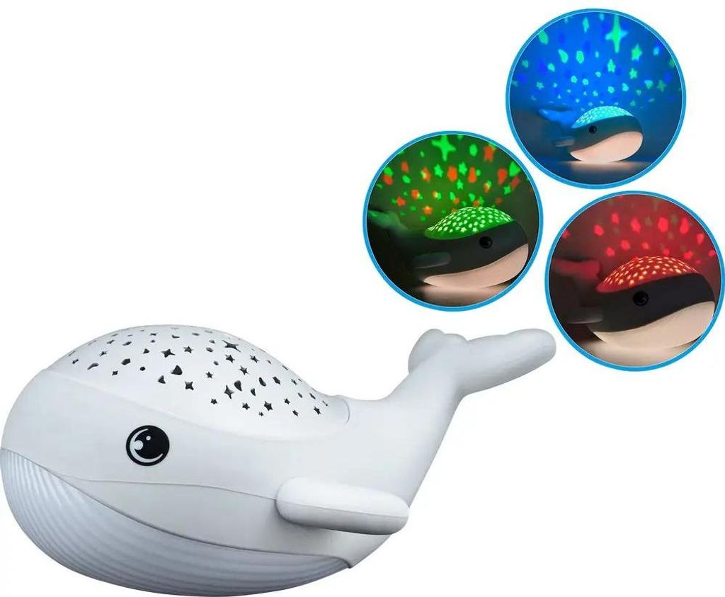 A white whale-shaped night light projector is shown on a white background. Three circular insets display the whale projecting different colored starry sky patterns.