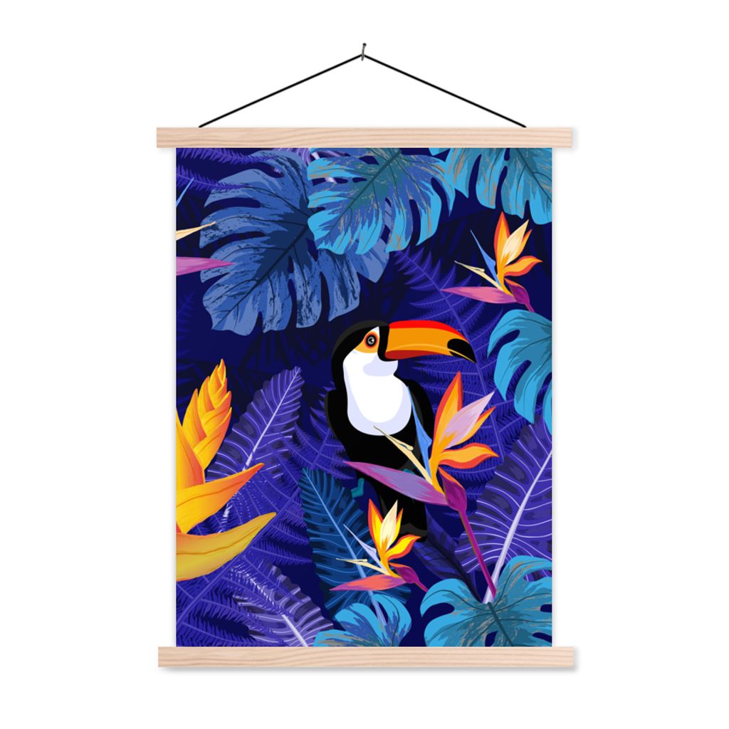 MuchoWow Textilposter Dschungel - Tukan - Blumen - Pflanzen - Kinder - Lila - Tiere 60x80 cm mit holzfarbenen Rahmen - Wandbild
