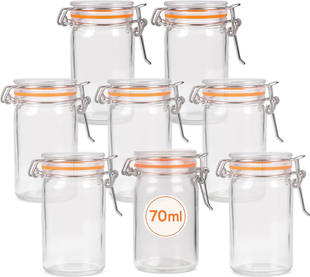 Einmachglas 70 ml mit Bügelverschluss – Auslaufsicheres Vorratsglas 1er aus Glas mit Gummidichtung, ideal für Gewürze, Marmelade & DIY 8er-Pack