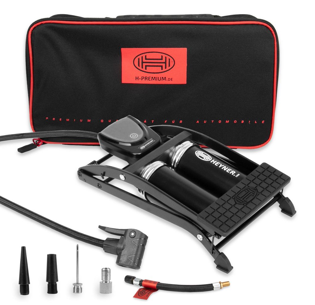HEYNER Luftpumpe Fußpumpe Doppelzylinder digitales Manometer + Tasche alle Ventile Auto Motorrad Fahrrad Ball tragbar