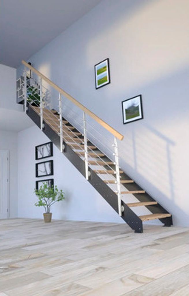 Pertura Wangentreppe Libra Eiche rustikal ohne Setzstufen Pulverbeschichtet Seitenwange Anthrazit gerade 107 cm 14 Stufen / 15 Steigungen Stabgelä...