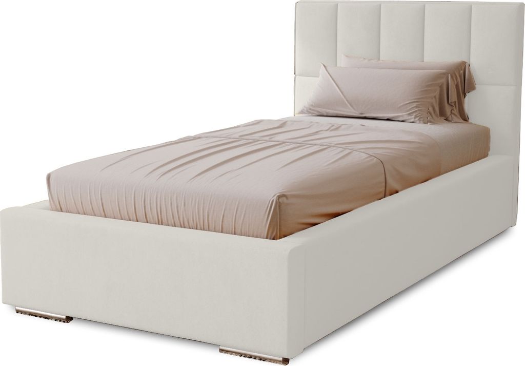 Polsterbett Dream 90x200 cm, Bett mit Kopfteil, Doppelbett mit Bettkasten, Lattenrost und Matratze aus Holz, Velourstoff: Weiß