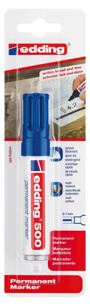 edding 500 Permanentmarker - blau - 1 Stift - Keil-Spitze 2-7 mm - wasserfest, schnell-trocknend - wischfest - für Karton, Kunststoff, Holz, Metal...