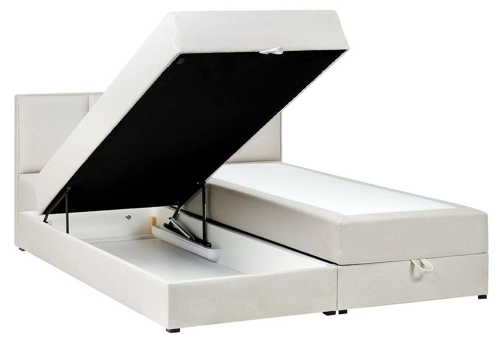 Boxspringbett mit hochklappbarem Bettkasten, Stoff cremeweiß, 180x200 cm