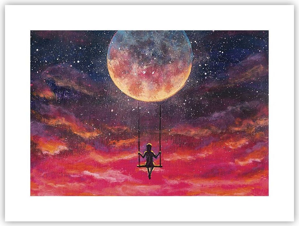 Poster - Poster ohne Rahmen - Mond Schaukel Frau - 40x30 cm - Wand Bild - Wanddeko - Wandbilder - Kunstposter - Wandposter - Bilder - Kunstdruck - ...