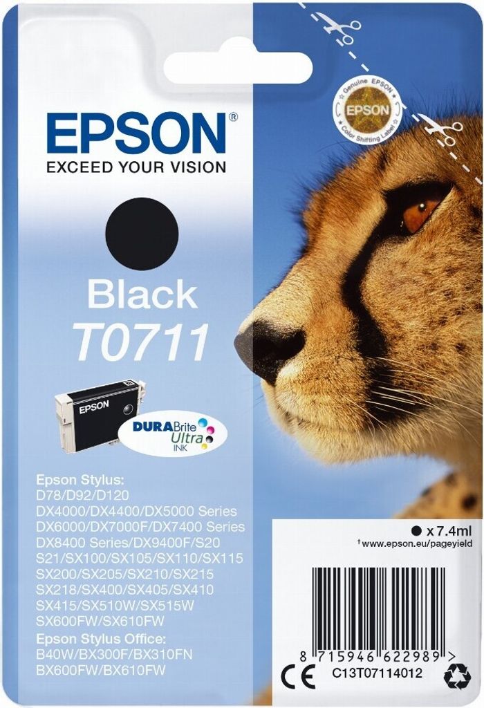 The image shows the packaging of an Epson T0711 black ink cartridge, featuring a close-up of a cheetah.