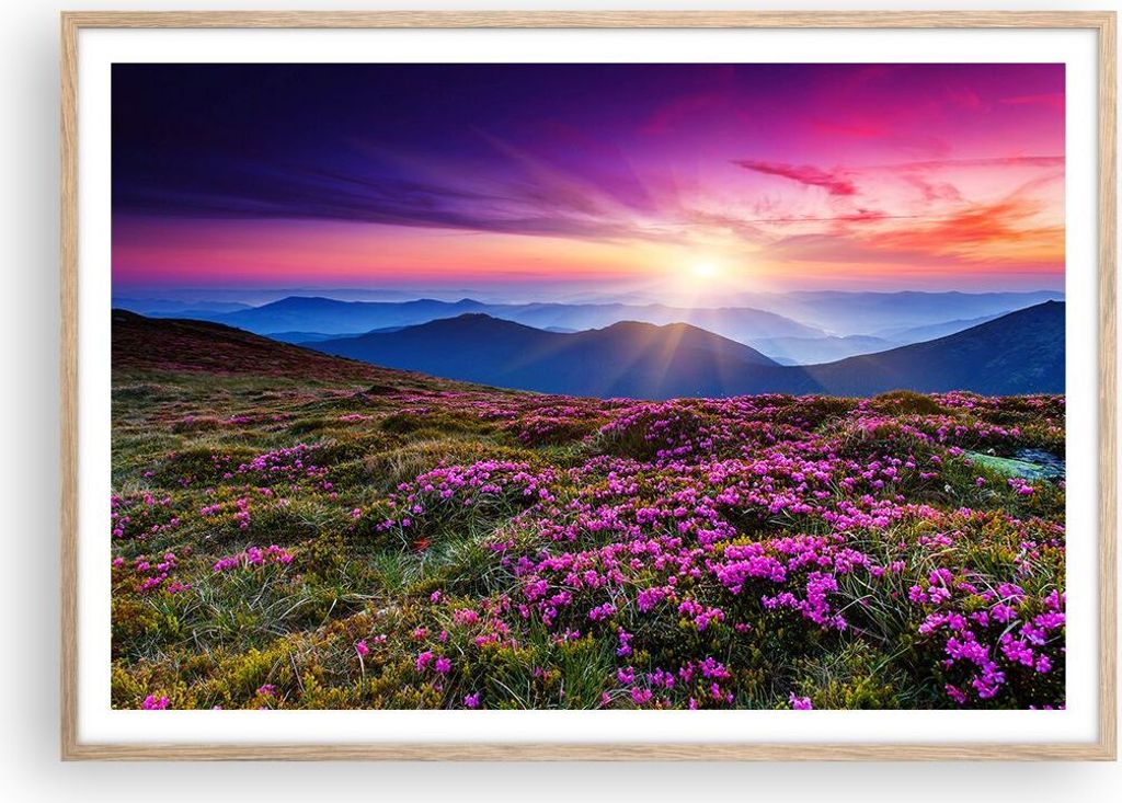 Gerahmtes Poster - Rahmen in heller Eiche - Wiese Berg Himmel Landschaft - 100x70 cm - Wand Bild - Wanddeko - Wandbilder - Wandposter - Bilderrahme...