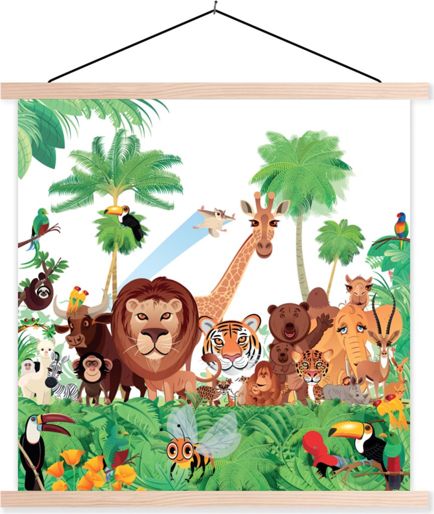 MuchoWow Textilposter Wilde Tiere - Dschungel - Löwe - Tiger - Mädchen - Kinder - Jungen 120x120 cm mit holzfarbenen Rahmen - Textil-Poster