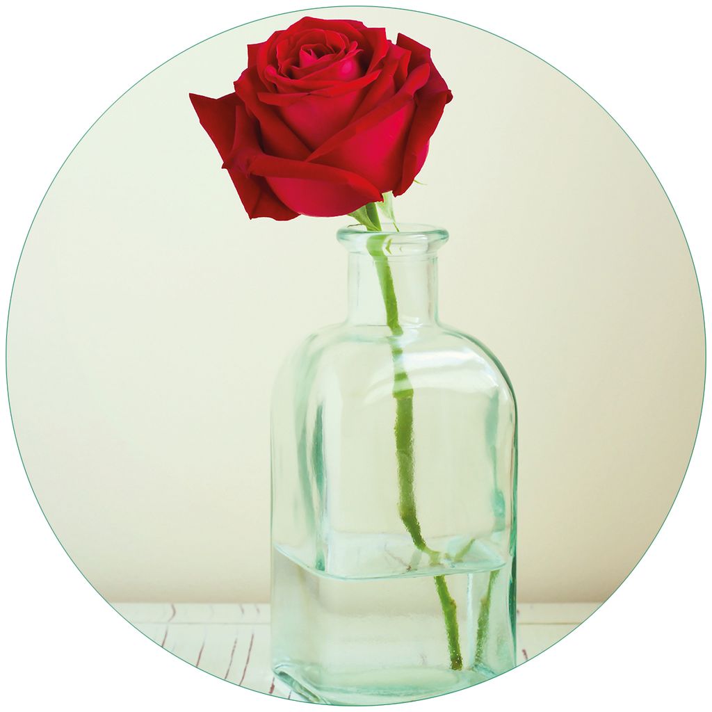 Wallario Premium Glasbild, freischwebende Optik, kräftige Farben, rund 50cm Durchmesser, Motiv Rote Rose in Glasvase