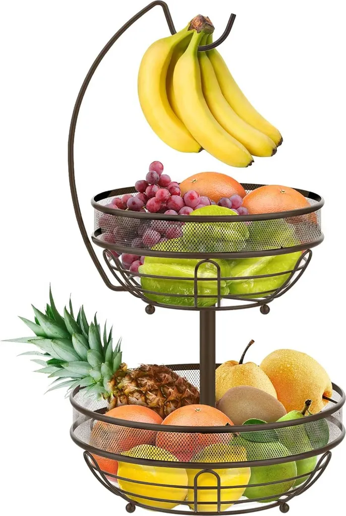 Corbeille à fruits 2 niveaux avec crochet banane en métal bronze élégant