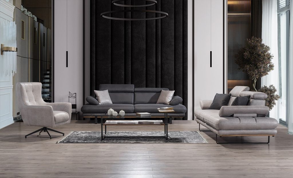 Villa Möbel Sofa Set Energy Grau-Anthrazit Stellvariante:3+3+1 Relax- und Bettfunktion, pflegeleichter Mikrofaser Samtstoff