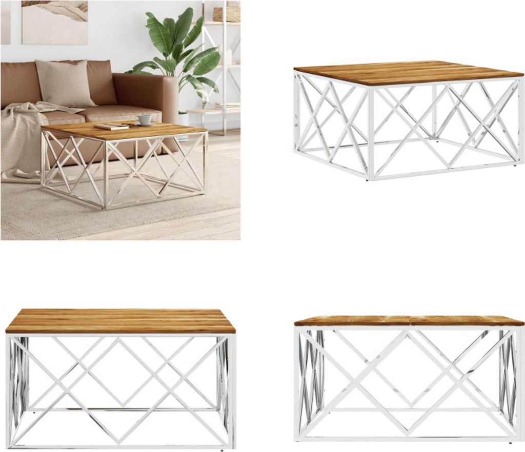 vidaXL Couchtisch Silbern Edelstahl und Massivholz Akazie - Couchtisch - Couchtische - Beistelltisch - Sofatisch