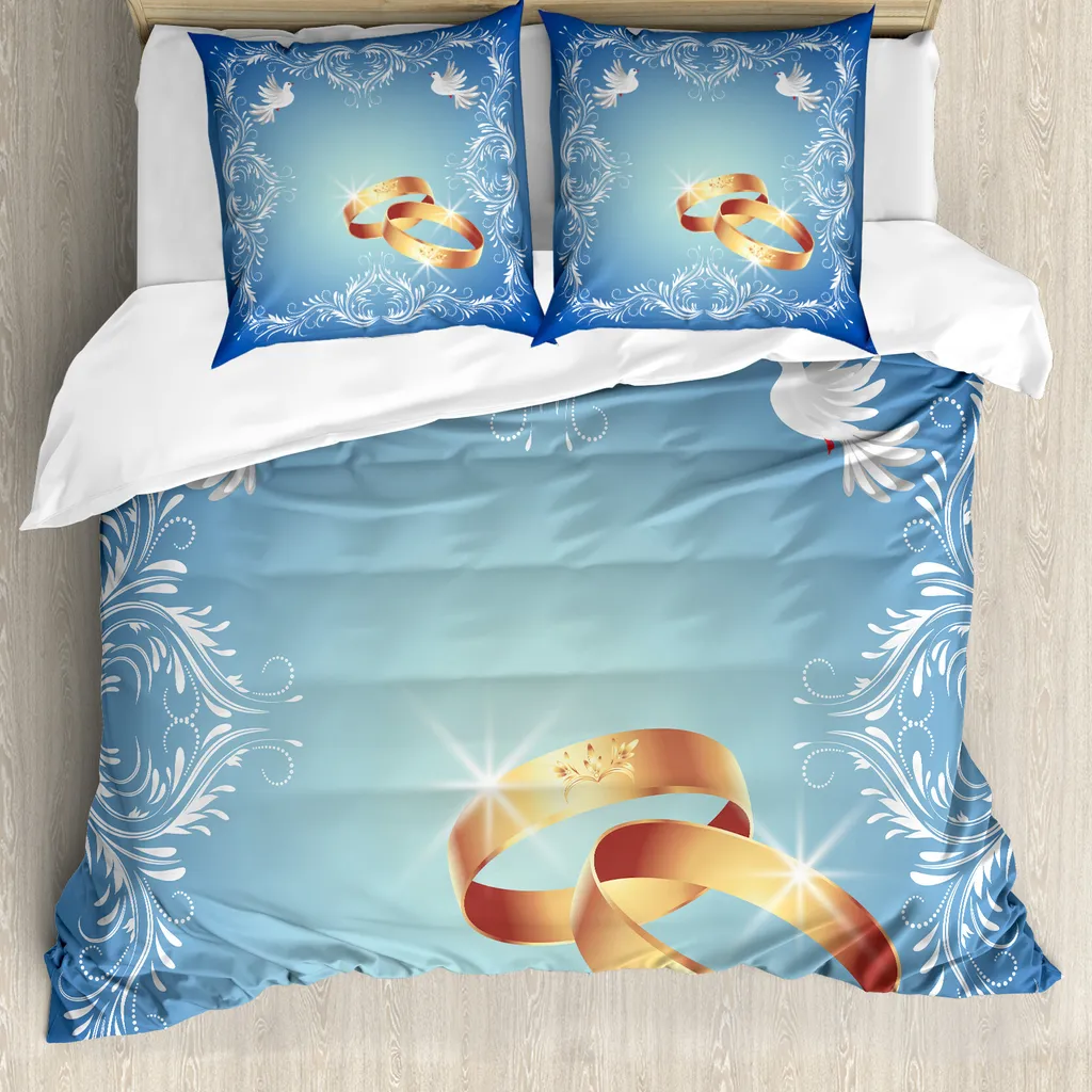 ABAKUHAUS Copripiumino da matrimonio, motivo decorativo con colombe e anelli, antiacaro e anallergico, con federe, 200 cm x 200 cm - 80 x 80 cm, blu bianco Pale Caramel