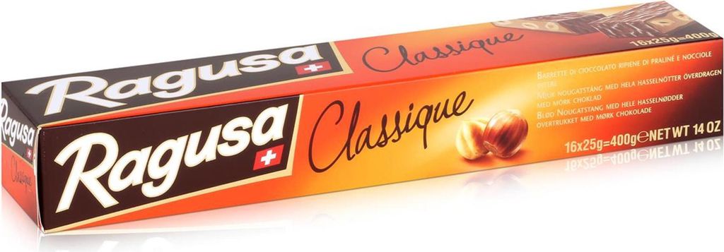A product shot of a Ragusa Classique chocolate bar box.