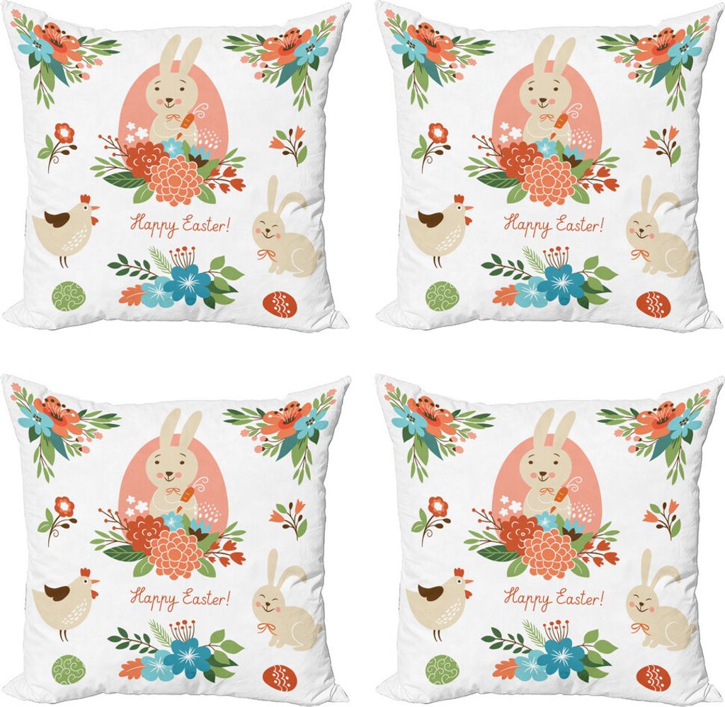 ABAKUHAUS Ostern Kissenbezug Set (4 Stück), Pastell Häschen Blumen Cartoon, Moderner Doppelseitiger Digitaldruck, 50 cm x 50 cm, Coral Beige