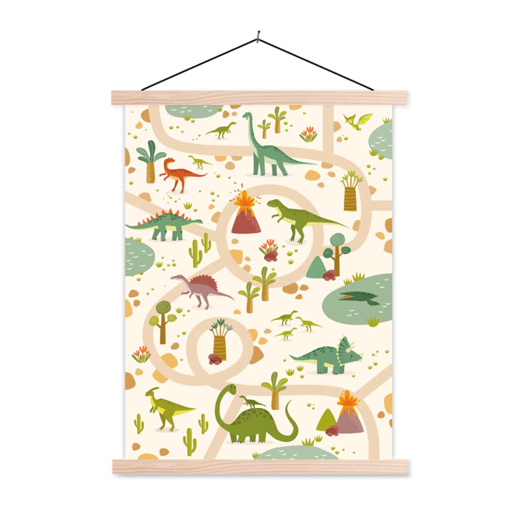 MuchoWow Textilposter Dinosaurier - Vulkan - Kinder - Beige 60x80 cm mit holzfarbenen Rahmen - Wandbild