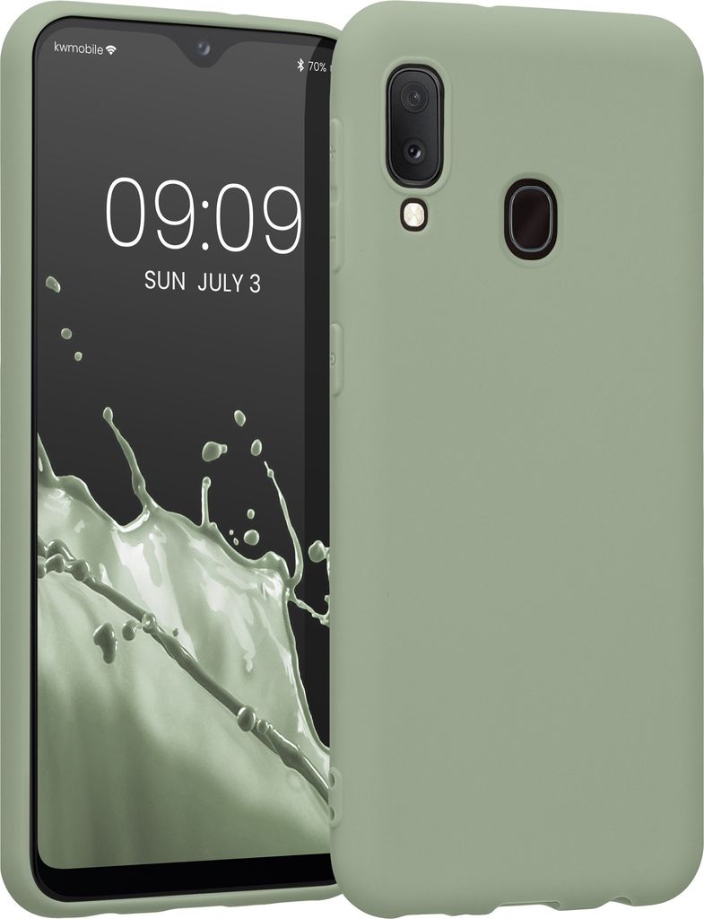 kwmobile Hülle kompatibel mit Samsung Galaxy A20e Hülle - weiches TPU Silikon Case - Cover geeignet für kabelloses Laden - Graugrün