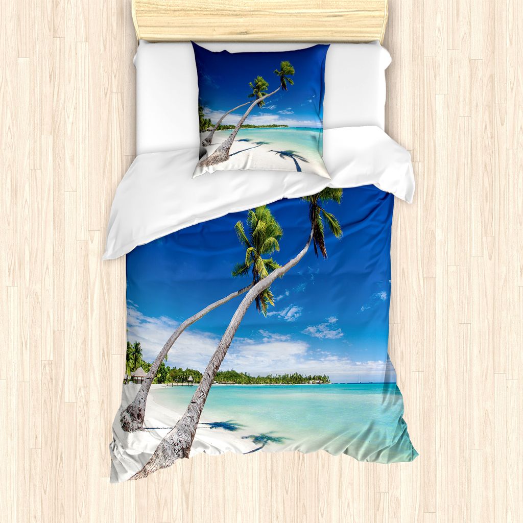 ABAKUHAUS Fidschi Bettbezug Set für Einzelbetten, Bäume Hängen oberhalb Einer Lagune, Milbensicher Allergiker geeignet mit Kissenbezug, 135 cm x...